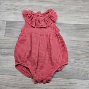 MNG Baby Girl Coral Romper 6-9 Months Ruffle Wood Buttons